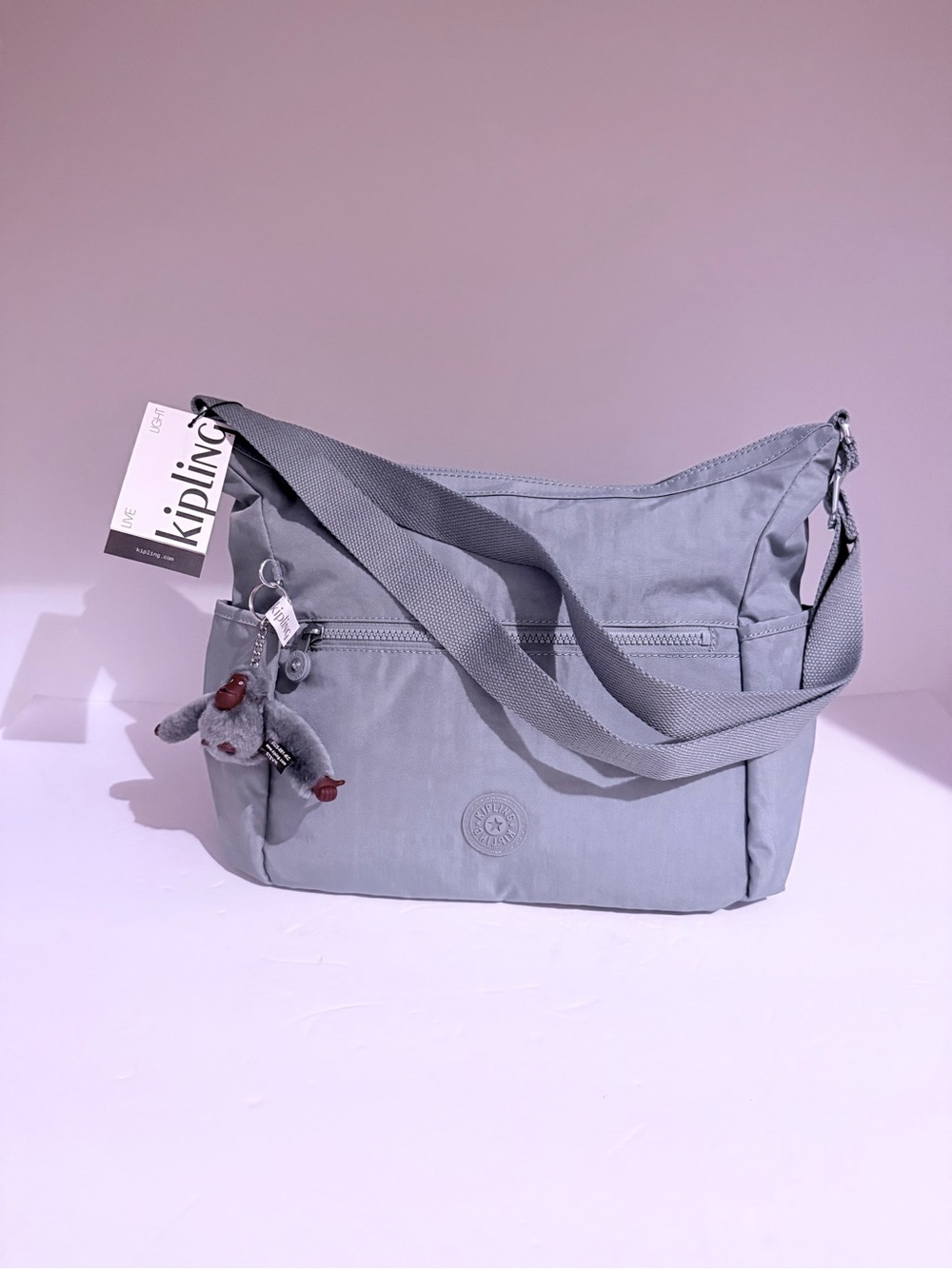 Kipling Soft Gray Nylon Crossbody with Monkey Charm